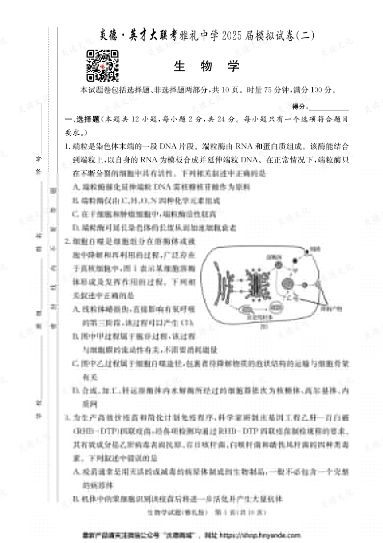 【生物】炎德英才大聯考2025屆雅禮中學高三10次月考（模擬二）